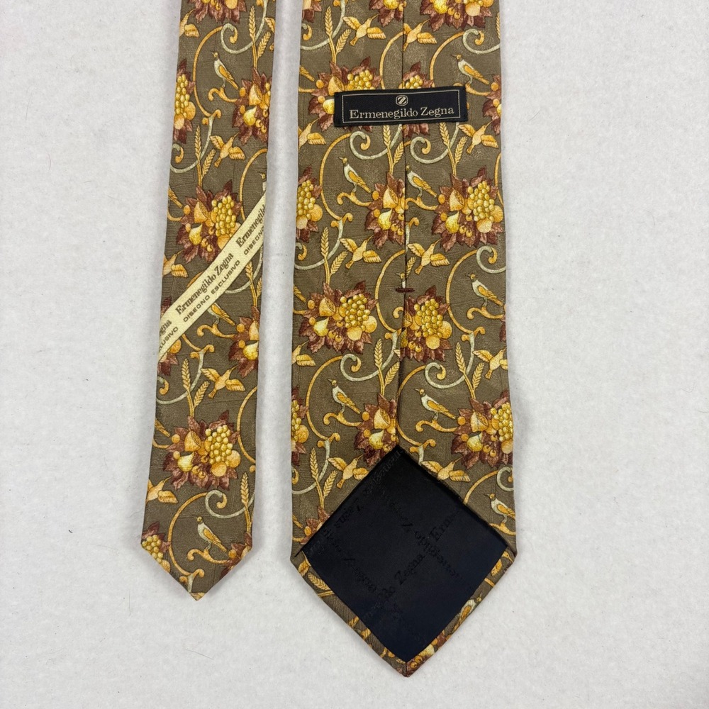 Ermenegildo Zegna Silk Mens Tie Floral Green Gold Italy Old Money 3.5"x59" FLAW - Picture 4 of 10